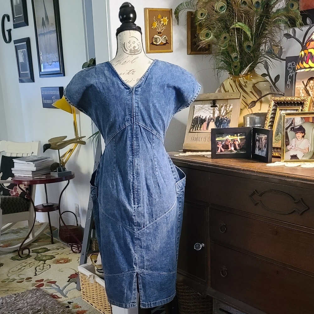 Vintage jean Dress 1990 pockets blue midi - Picture 8 of 15